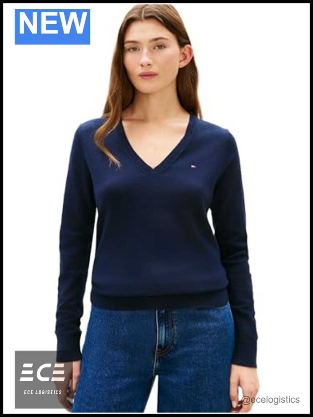 Cotton V-Neck Sweater Pullover Long Sleeve Ribbed Knit Top